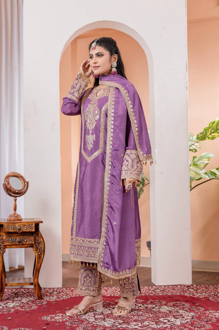 Mauve Colour Chinnon Silk Embroidery Work Fully Stitched Salwar Suit