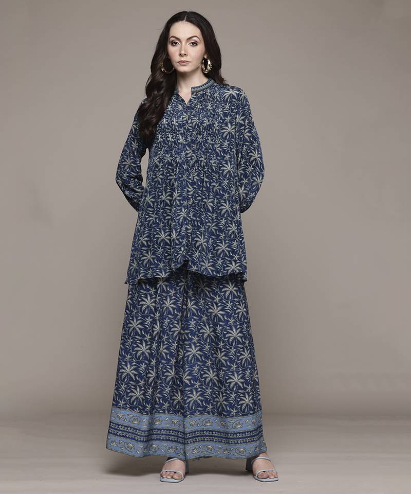 Blue ramya shirt with pant co-ord set by ritu kumar