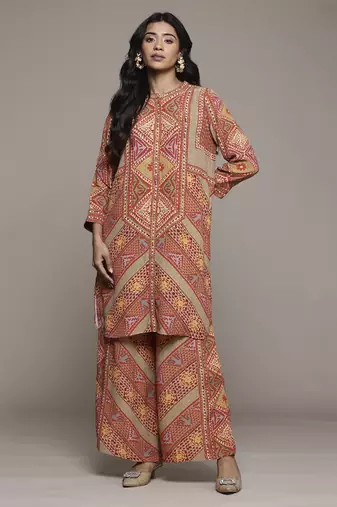 Rust sona shirt with pant co-ord set by ritu kumar