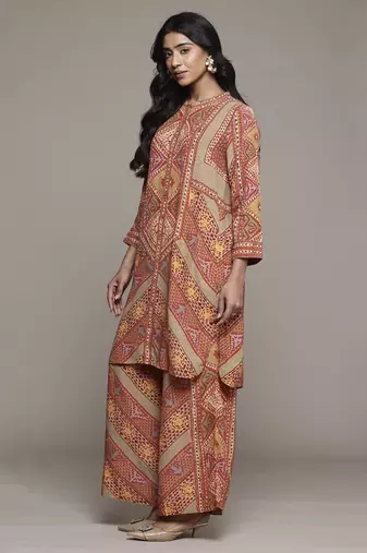 Rust sona shirt with pant co-ord set by ritu kumar