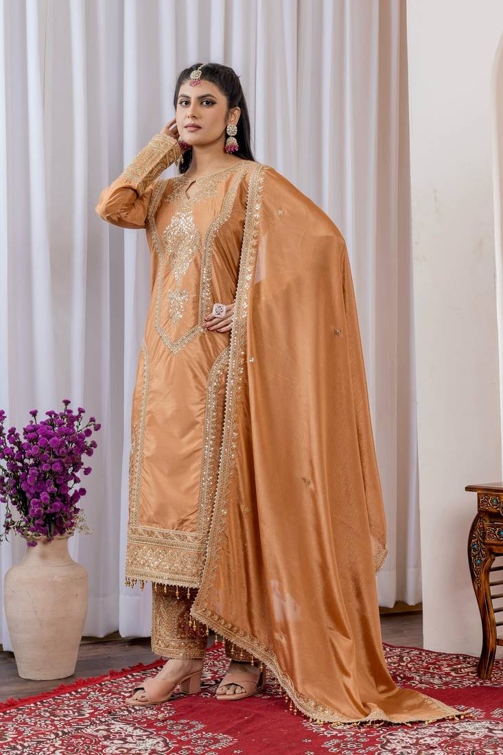 Bronze Colour Chinnon Silk Embroidery Work Fully Stitched Salwar Suit