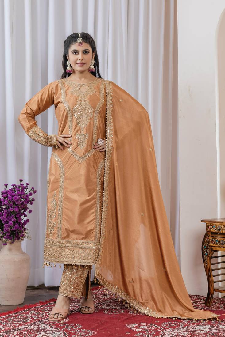 Bronze Colour Chinnon Silk Embroidery Work Fully Stitched Salwar Suit
