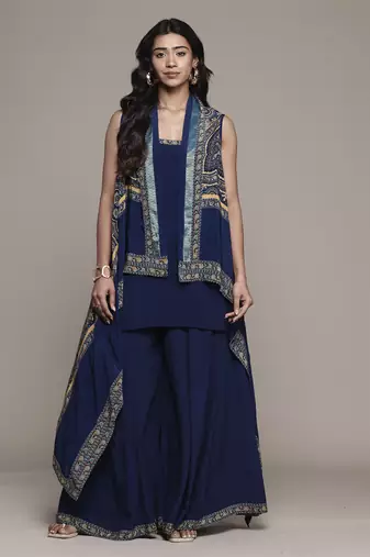 Blue beige brocade jamawar cape with inner and palazzo set by ritu kumar