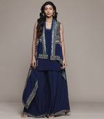 Blue beige brocade jamawar cape with inner and palazzo set by ritu kumar
