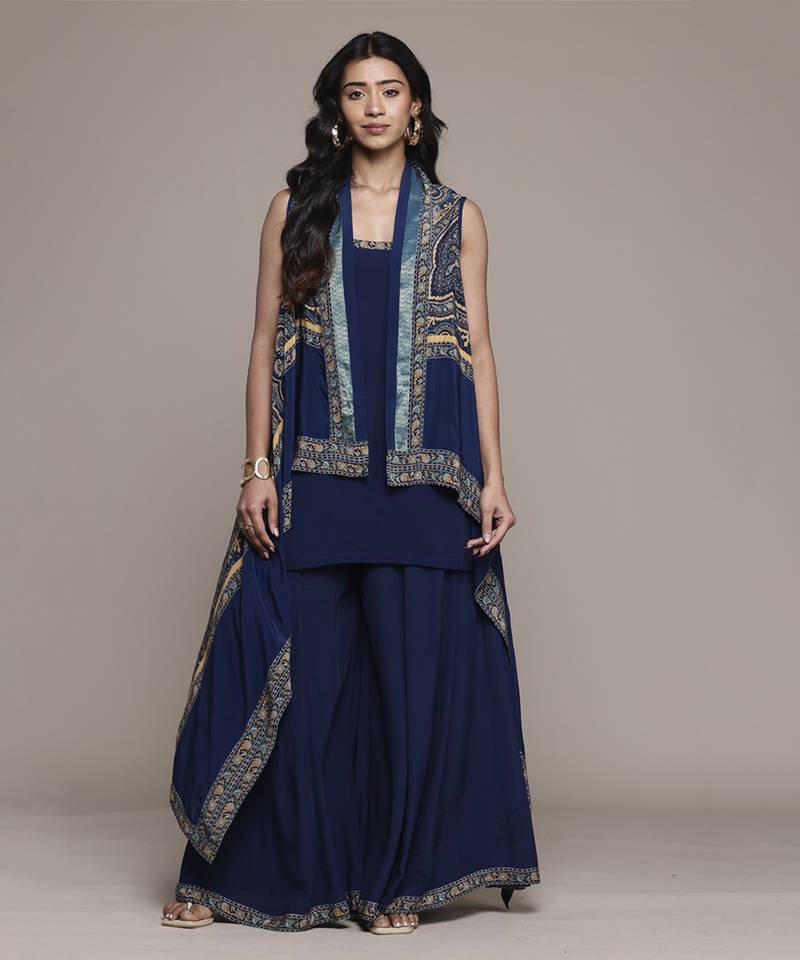 Blue beige brocade jamawar cape with inner and palazzo set by ritu kumar