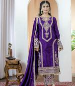 Purple Colour Chinnon Silk Embroidery Work Fully Stitched Salwar Suit
