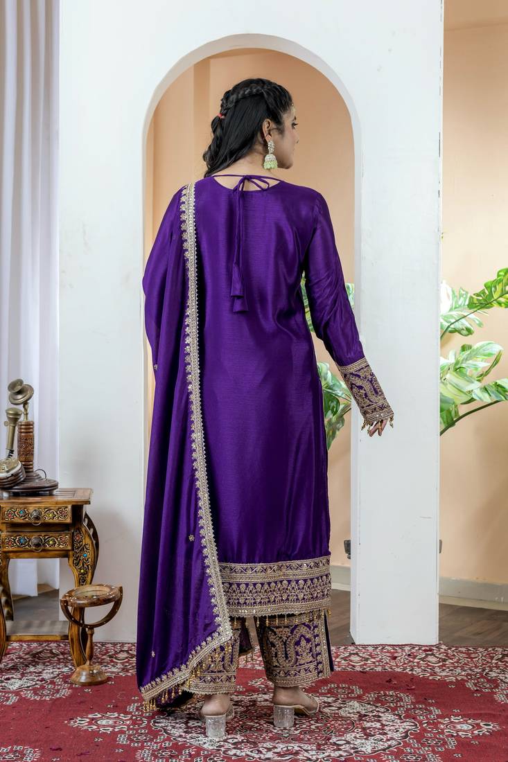 Purple Colour Chinnon Silk Embroidery Work Fully Stitched Salwar Suit