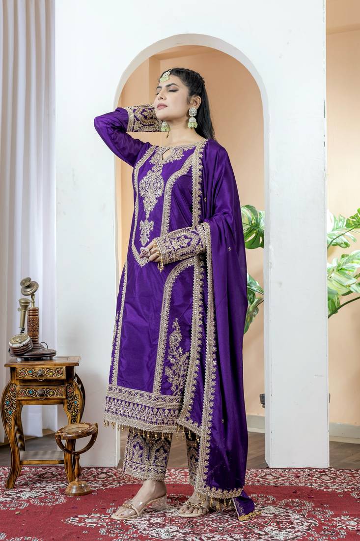 Purple Colour Chinnon Silk Embroidery Work Fully Stitched Salwar Suit