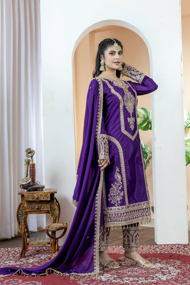 Purple Colour Chinnon Silk Embroidery Work Fully Stitched Salwar Suit