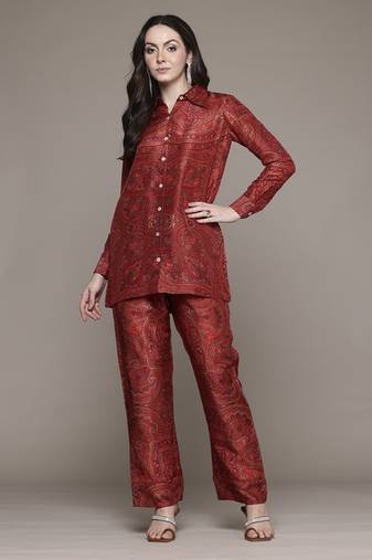 Red multi brocade jamawar kurti set by ritu kumar