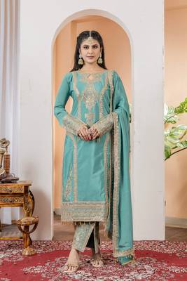 Turquoise Colour Chinnon Silk Embroidery Work Fully Salwar Suit 1