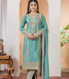 Turquoise Colour Chinnon Silk Embroidery Work Fully Salwar Suit