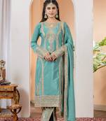 Turquoise Colour Chinnon Silk Embroidery Work Fully Stitched Salwar Suit