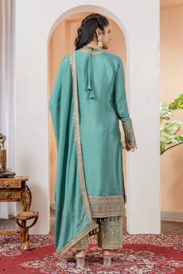 Turquoise Colour Chinnon Silk Embroidery Work Fully Salwar Suit 3
