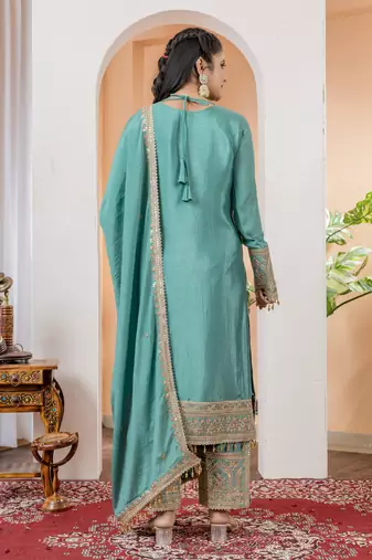 Turquoise Colour Chinnon Silk Embroidery Work Fully Salwar Suit
