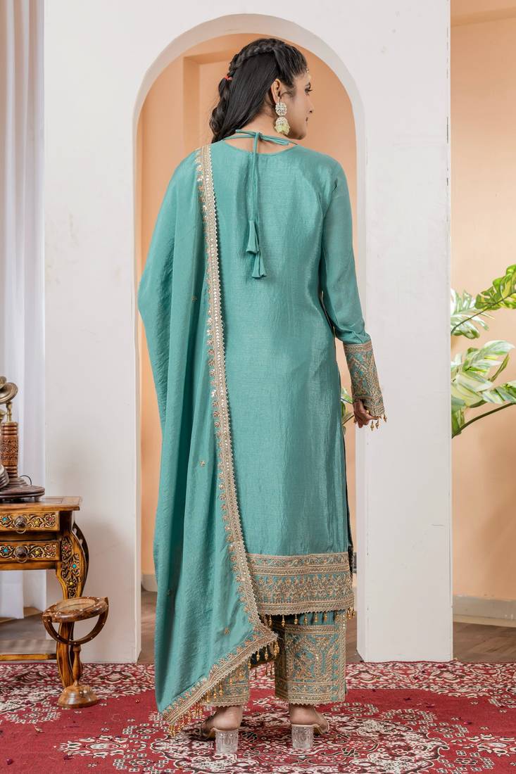 Turquoise Colour Chinnon Silk Embroidery Work Fully Stitched Salwar Suit