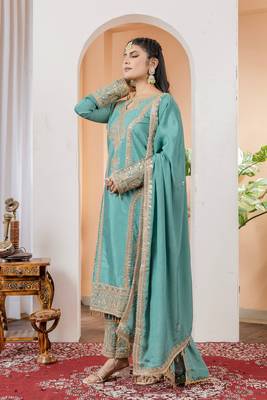 Turquoise Colour Chinnon Silk Embroidery Work Fully Salwar Suit 4