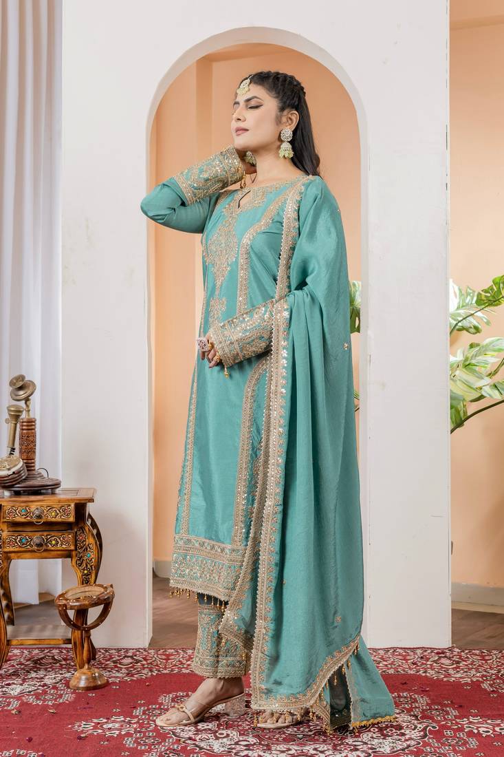 Turquoise Colour Chinnon Silk Embroidery Work Fully Stitched Salwar Suit