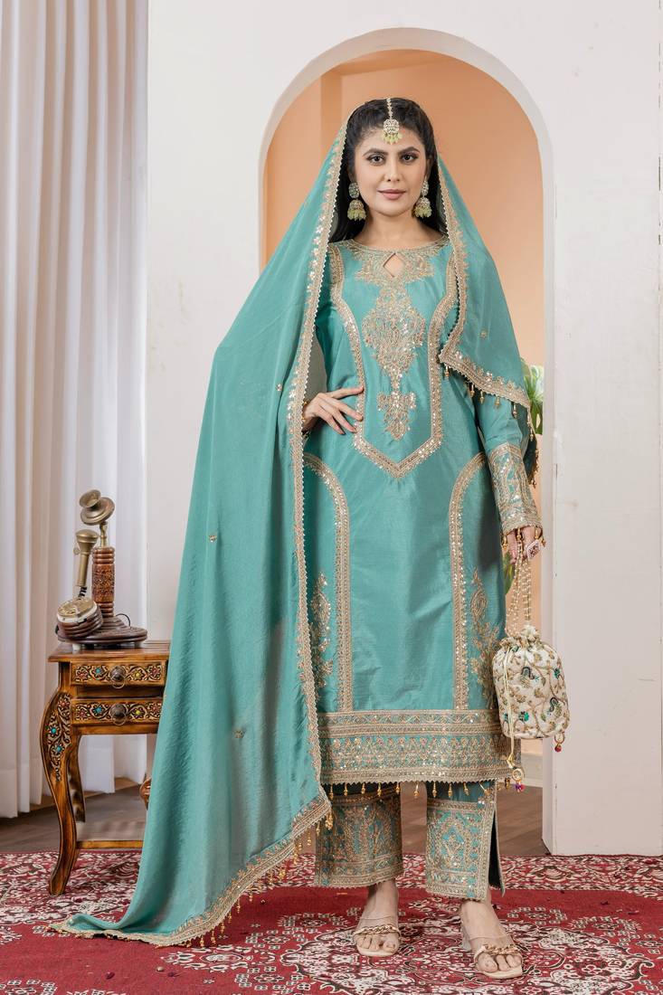 Turquoise Colour Chinnon Silk Embroidery Work Fully Stitched Salwar Suit