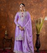 Lavender Colour Chinnon Silk Embroidery Work Fully Stitched Plazo Suit
