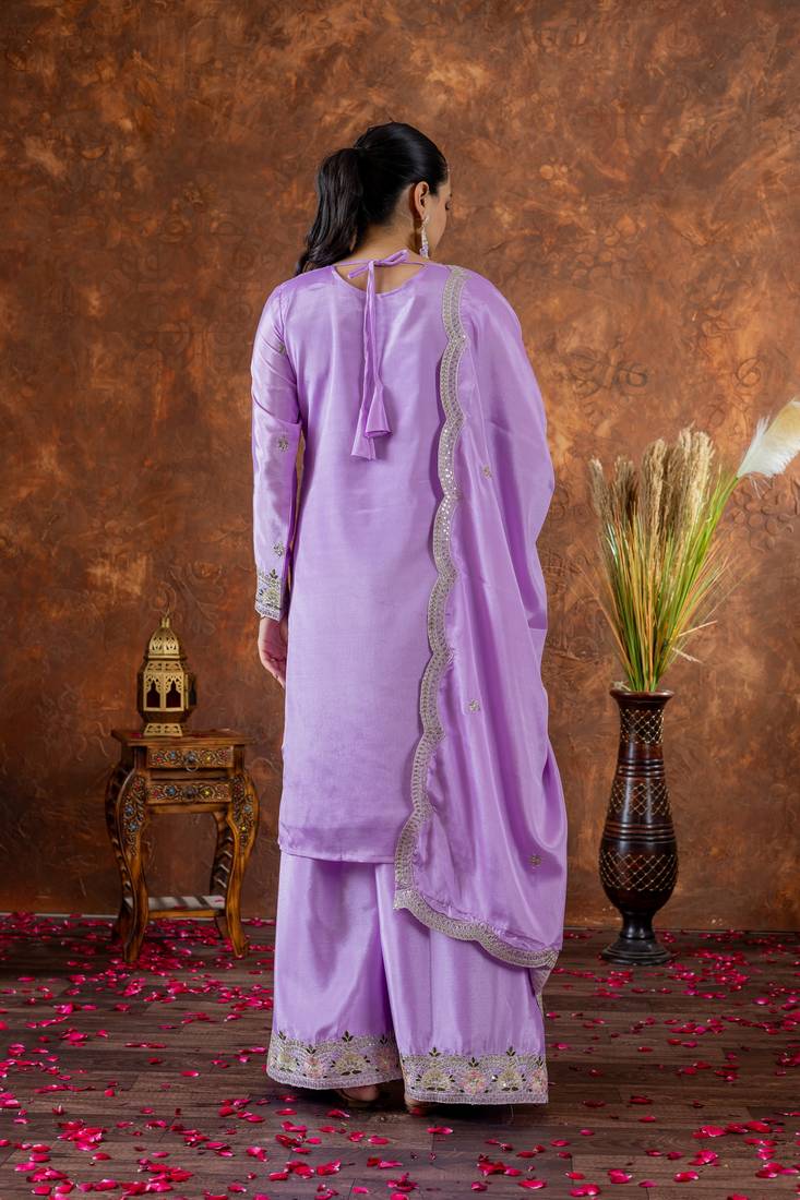 Lavender Colour Chinnon Silk Embroidery Work Fully Stitched Plazo Suit