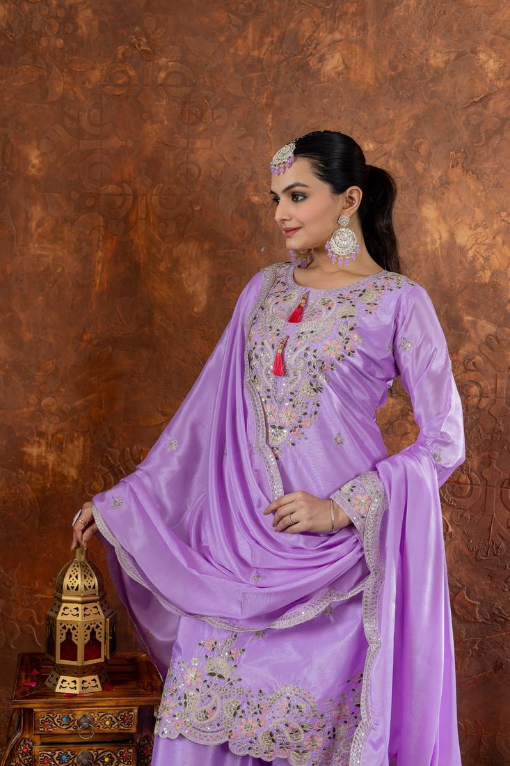 Lavender Colour Chinnon Silk Embroidery Work Fully Stitched Plazo Suit