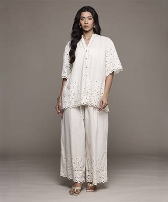 Off white essential-pari shirt with pant co-ord set by ritu kumar 1