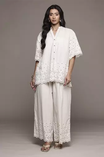 Off white essential-pari shirt with pant co-ord set by ritu kumar