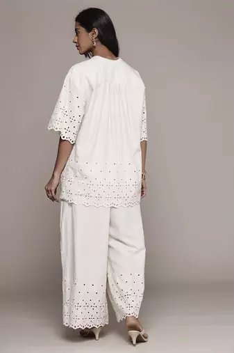 Off white essential-pari shirt with pant co-ord set by ritu kumar