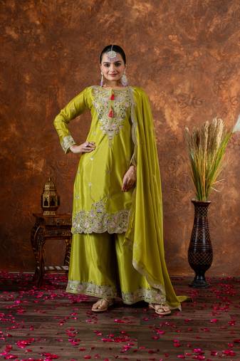 Olive Colour Chinnon Silk Embroidery Work Fully Stitched Plazo Suit