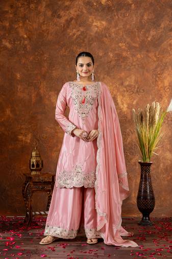 Peach Colour Chinnon Silk Embroidery Work Fully Stitched Plazo Suit
