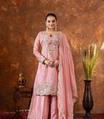 Peach Colour Chinnon Silk Embroidery Work Fully Stitched Plazo Suit