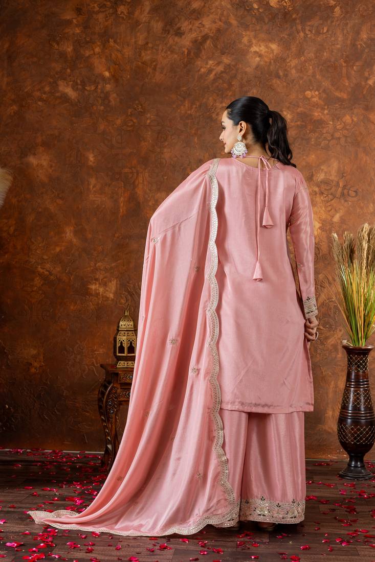Peach Colour Chinnon Silk Embroidery Work Fully Stitched Plazo Suit