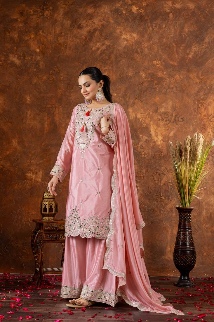 Peach Colour Chinnon Silk Embroidery Work Fully Stitched Plazo Suit