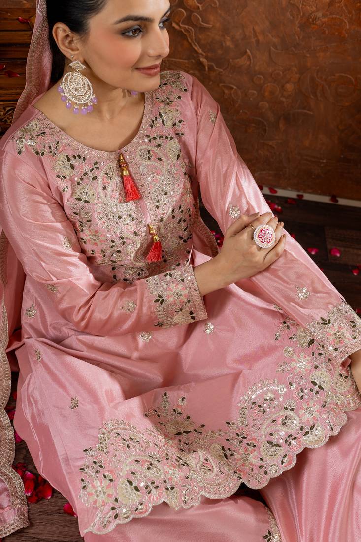 Peach Colour Chinnon Silk Embroidery Work Fully Stitched Plazo Suit