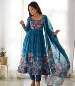 Blue Anarkali Suit  Pure Organza Silk with Elegant Kali Pattern