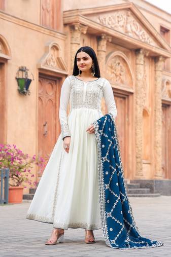 White Colour Chinnon Silk Embroidery Work Fully Stitched Anarkaly Suit