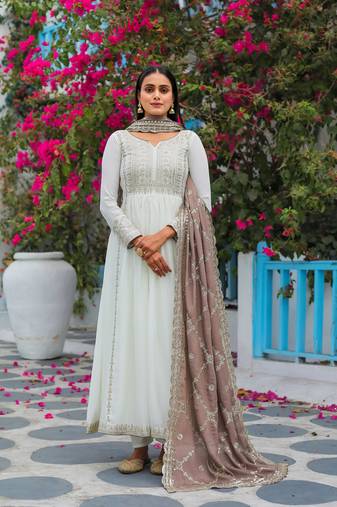 White Colour Chinnon Silk Embroidery Work Fully Stitched Anarkaly Suit