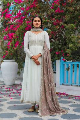 White Colour Chinnon Silk Embroidery Work Fully Stitched Anarkali Suit 1