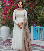 White Colour Chinnon Silk Embroidery Work Fully Stitched Anarkali Suit