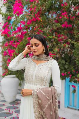 White Colour Chinnon Silk Embroidery Work Fully Stitched Anarkali Suit 4