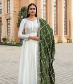White Colour Chinnon Silk Embroidery Work Fully Stitched Anarkali Suit