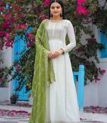 White Colour Chinnon Silk Embroidery Work Fully Stitched Anarkali Suit