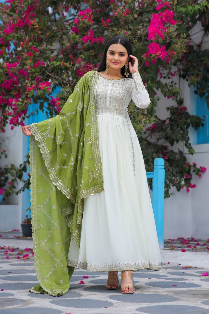 White Colour Chinnon Silk Embroidery Work Fully Stitched Anarkali Suit