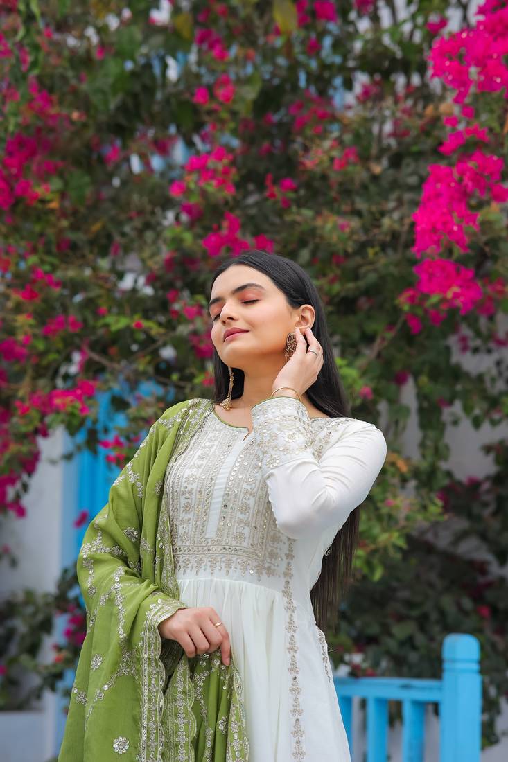 White Colour Chinnon Silk Embroidery Work Fully Stitched Anarkali Suit