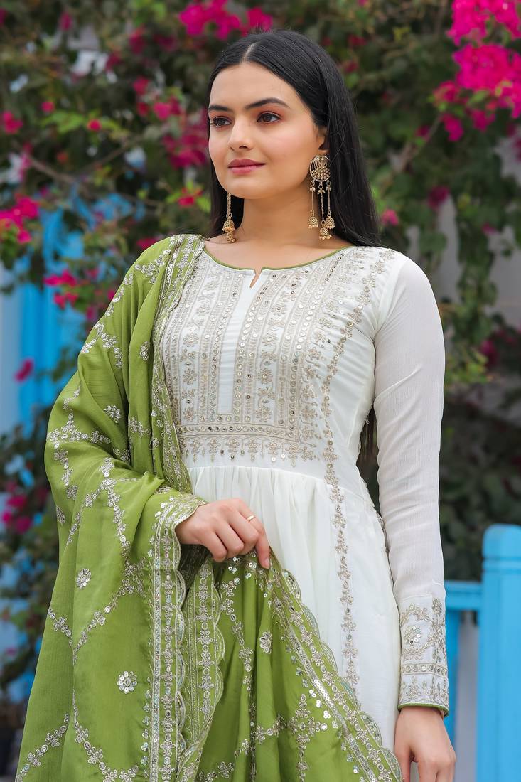 White Colour Chinnon Silk Embroidery Work Fully Stitched Anarkali Suit