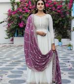White Colour Chinnon Silk Embroidery Work Fully Stitched Anarkali Suit