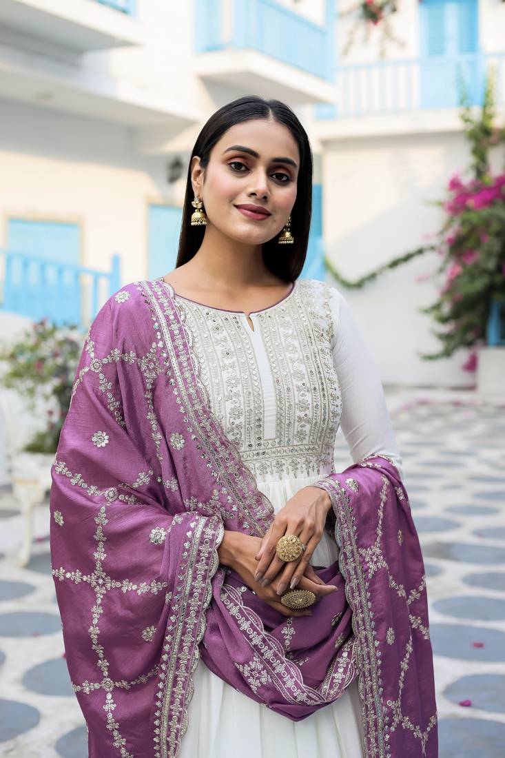 White Colour Chinnon Silk Embroidery Work Fully Stitched Anarkali Suit