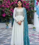 White Colour Chinnon Silk Embroidery Work Fully Stitched Anarkali Suit