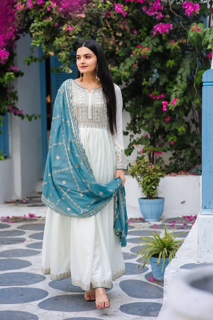 White Colour Chinnon Silk Embroidery Work Fully Stitched Anarkali Suit